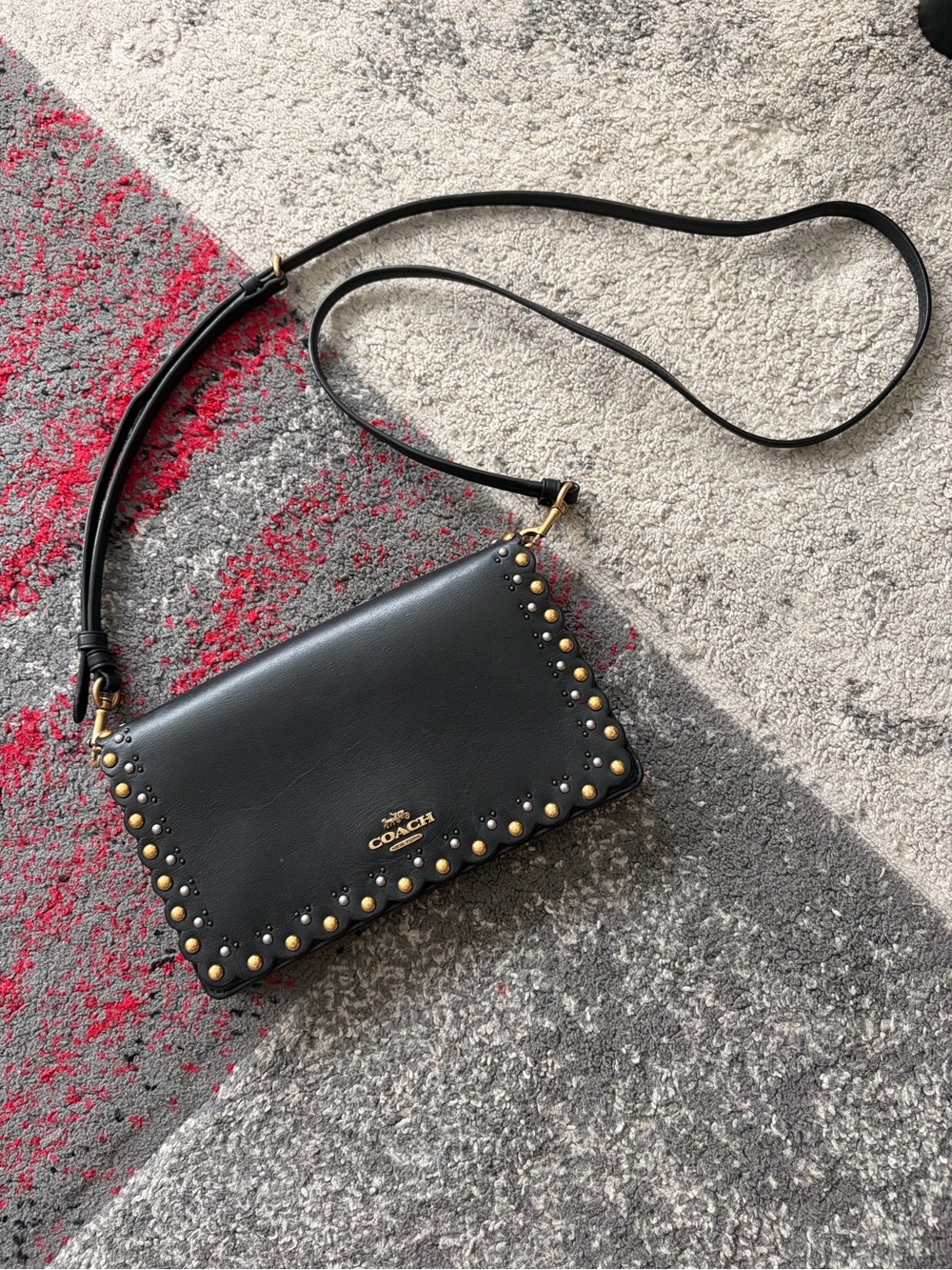 Coach Black Leather Gold-Stud Crossbody Bag
